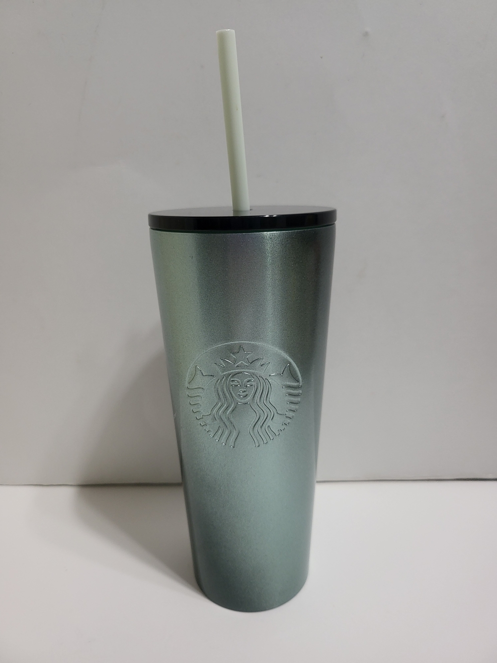 Starbucks Metallic Sage Green Tumbler with Black Lid and White Straw